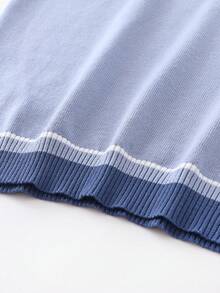 SHEIN Franclia Contrast Color Striped Round Neck Short Sleeve Top, Casual & Comfortable Knit Fabric, Spring/Summer - Baby Blue - View 8