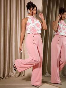 Ellevyn 大码优雅印花露背上衣和纽扣装饰长裤两件套，夏季 - 藕粉色 - 查看 5