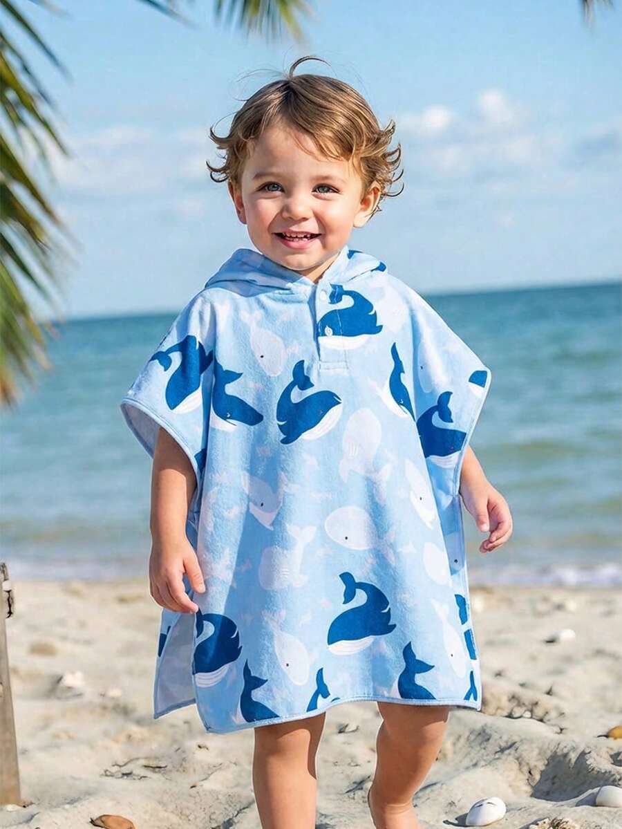 婴儿/幼儿男童蓝色卡通鲨鱼印花连帽罩衫浴巾，泳衣罩衫，浴袍，沙滩披肩，泳装必备，沐浴必备 - 藍色 - 查看 1