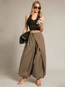 Hauture Women Oversized Loose Fit Wrap Front Irregular Split Balloon Pants High Waist Wide Leg Baggy Draped Culottes Casual Relaxed Fit Office Trousers - Khaki - View 1