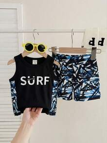 SHEIN Baby Jungen Set aus Buchstaben-Muster Rundhals Tank Top und Allover-Muster Shorts, Casual Outfit - Schwarz - Übersicht 2