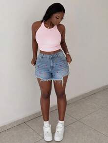 Slaydiva 大码女式带口袋纽扣水钻装饰毛边休闲百搭日常牛仔短裤 - 淺色水洗藍 - 查看 2