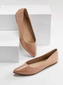 SHUZIA 新款女士时尚裸色漆皮 PU 包头芭蕾舞鞋尖头平底鞋夏季鞋春季鞋春假复活节母亲节礼物 - 卡其色 - 查看 2