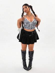 SHEIN CURVE+ Plus Size Women's Black Denim Skirt, Fashionable And Stretchy-Free, Spring Outfits - Black - View 7