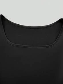Vestido negro de cuello cuadrado ajustado para adolescentes, versátil para primavera/verano y vacaciones, ajuste ceñido y adecuado para salidas, fiestas y diversas ocasiones - Negro - Ver 4