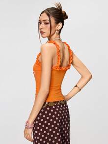 Rina Fox Áo không tay nữ in chữ, viền bèo nhún, thời trang - trái cam - Xem 2
