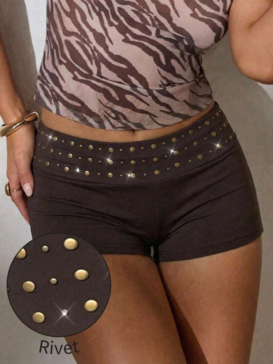 Aloruh Women's Dark Brown Hot Pants With Rivet Decoration, Seductive Micro Shorts For Night Out, Summer Music Festivals, Streetwear, Boho Chic Beach