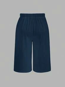 Linhara CURVE Plus Size Women Casual Capri Pants, Versatile Beach Vacation Pants With Button Decor, Practical Pockets And Slit Hem, Spring/Summer - Navy Blue - View 3
