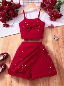 Sparklyn Girls' Bowknot Pearl Camisole Top And Pearl Skort 2-Piece Set, Red, Comfortable, Elegant, Suitable For Party, Outdoor, School, Vintage, Chic Mermaid Skirt And Top Set Red Mini Skirt Cute Outfits For Girls 8 Years Old Girl Outfit Teen Girl Clothes 2 Piece Sets - Red - View 10