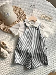 SHEIN 新生儿男女宝宝可爱条纹连体衣，适合春夏室内、室外、日常、运动、玩耍、派对、拍照、度假等各种场合。 - 黑與白 - 查看 8