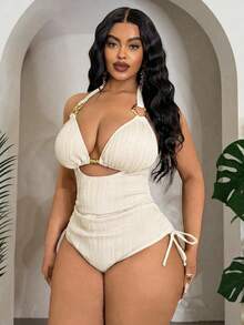 Slaydiva New Wavy Hollow Design Plus Size One-Piece Swimsuit, Slimming High Waist Ruched One-Piece Swimsuit For Women - White - View 3