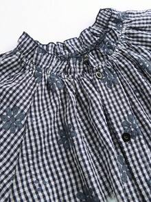 Franclia Blusa feminina plus size nova de verão, moda, com renda falsa bordada, manga curta, casual vintage para férias, camisa solta xadrez versátil, blusa estilo francês, blusa feminina xadrez para uso diário, nova chegada, blusa para piquenique, azul-marinho e branco - Azul marinho - Ver 6