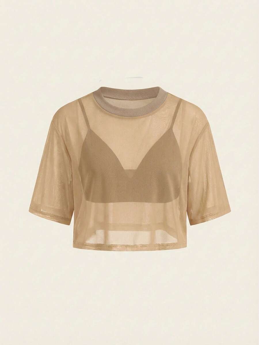 SHEIN BASICS 2pcs Set Casual Sexy Solid Color Cropped Camisole Round Neck Loose Short Sleeve T-Shirt Summer Tops Rave Night Pink Khaki
