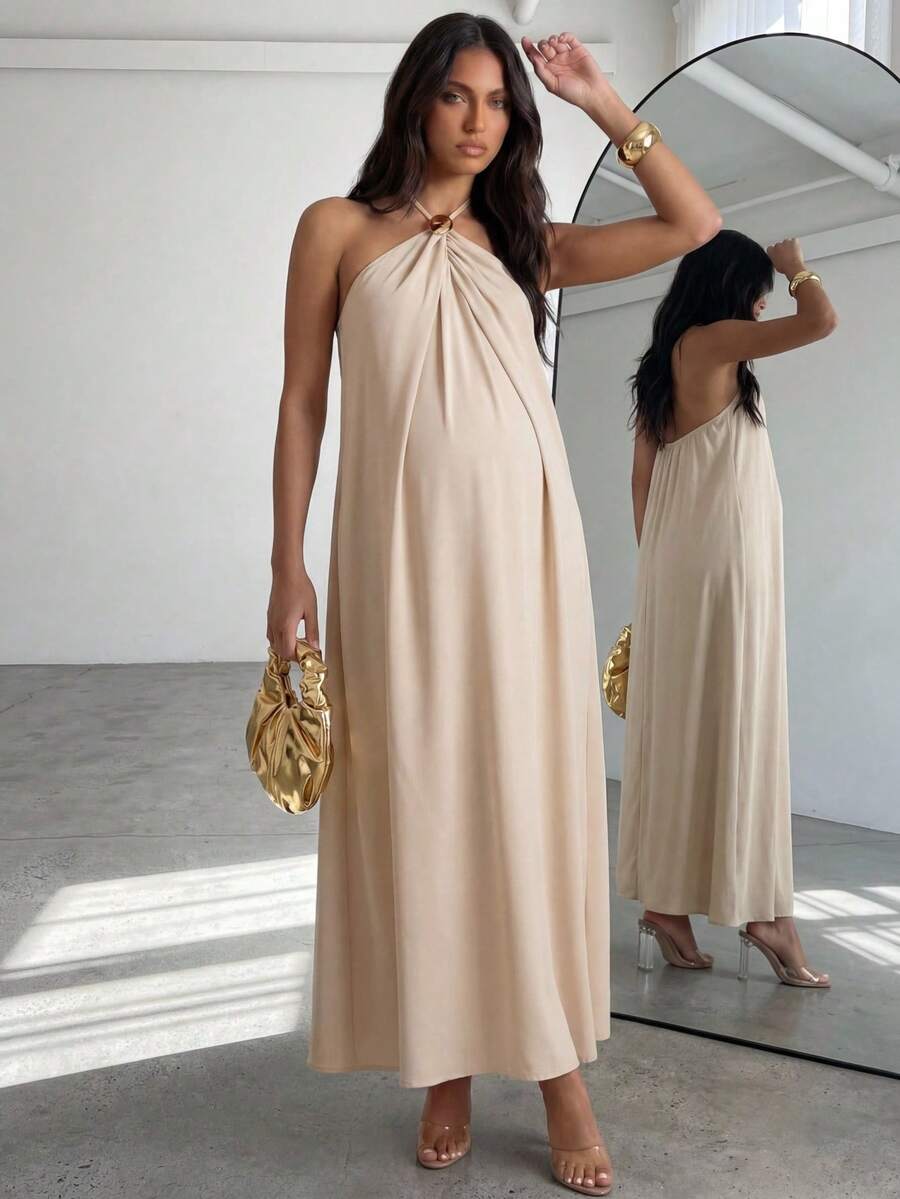 MaterniChic 孕婦夏季洋杏色掛脖露背洋裝,配金屬扣,舒適優雅,適合拍照拍攝 - 黃色 - 查看 1