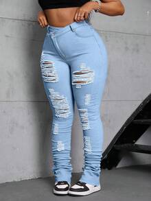 Slaydiva Jeans asimétricos con puños elásticos y desgastados en color rosa para mujer de talla grande - Lavado ligero - Ver 6