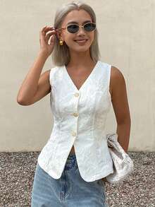 DAZY Solid Color Textured Jacquard Fitted Sleeveless V-Neck Thin Summer Vest Jacket For Women Swimming White Basic School - White - View 1