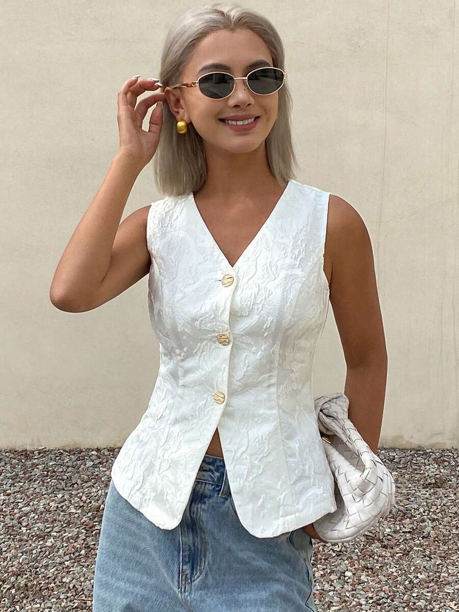 DAZY Solid Color Textured Jacquard Fitted Sleeveless V-Neck Thin Summer Vest Jacket For Women Swimming White Basic School - White - View 1