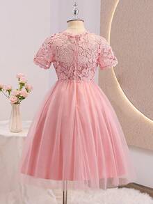 SHEIN Girls' Elegant Lace Contrast Mesh High Neck Short Sleeve Mini Dress,Summer Dusty Pink Bridesmaid Flower Girl Wedding,Parties,Birthdays,Banquets Dress - Dusty Pink - View 2
