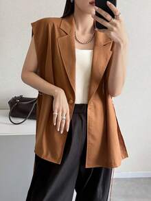 FRIFUL Women's Loose Solid Color Lapel Summer Blazer Office Shades Of Brown Business Casual Western Outfits For Women - Orange - View 6