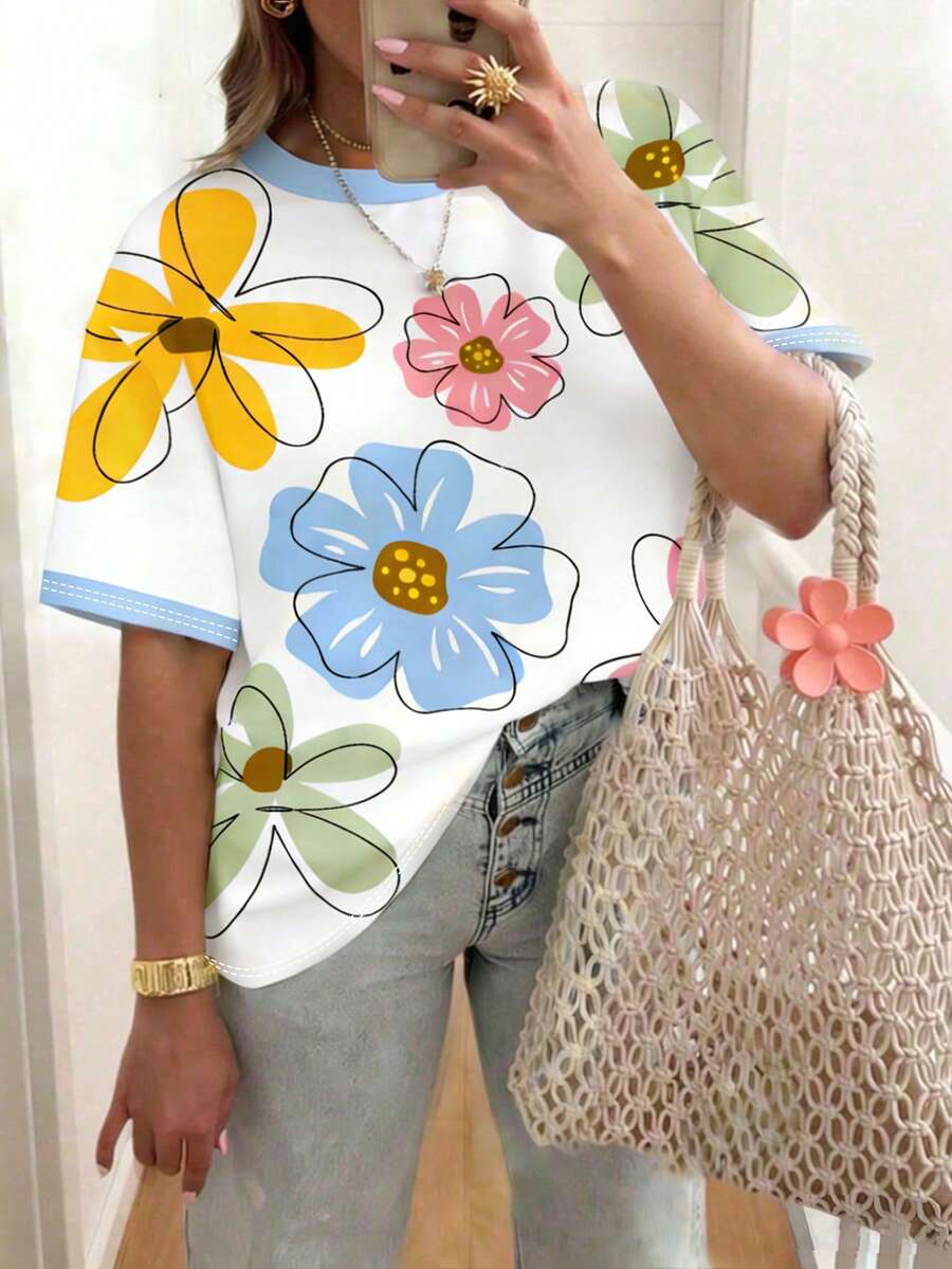 EMERY ROSE Women's Casual Short-Sleeved T-Shirt,Floral Pattern,Loose Round Neck,Retro Style,White,Summer,Smart Casual,Vacation,Machine Washable,Comfortable&Cute - Multicolor - View 1