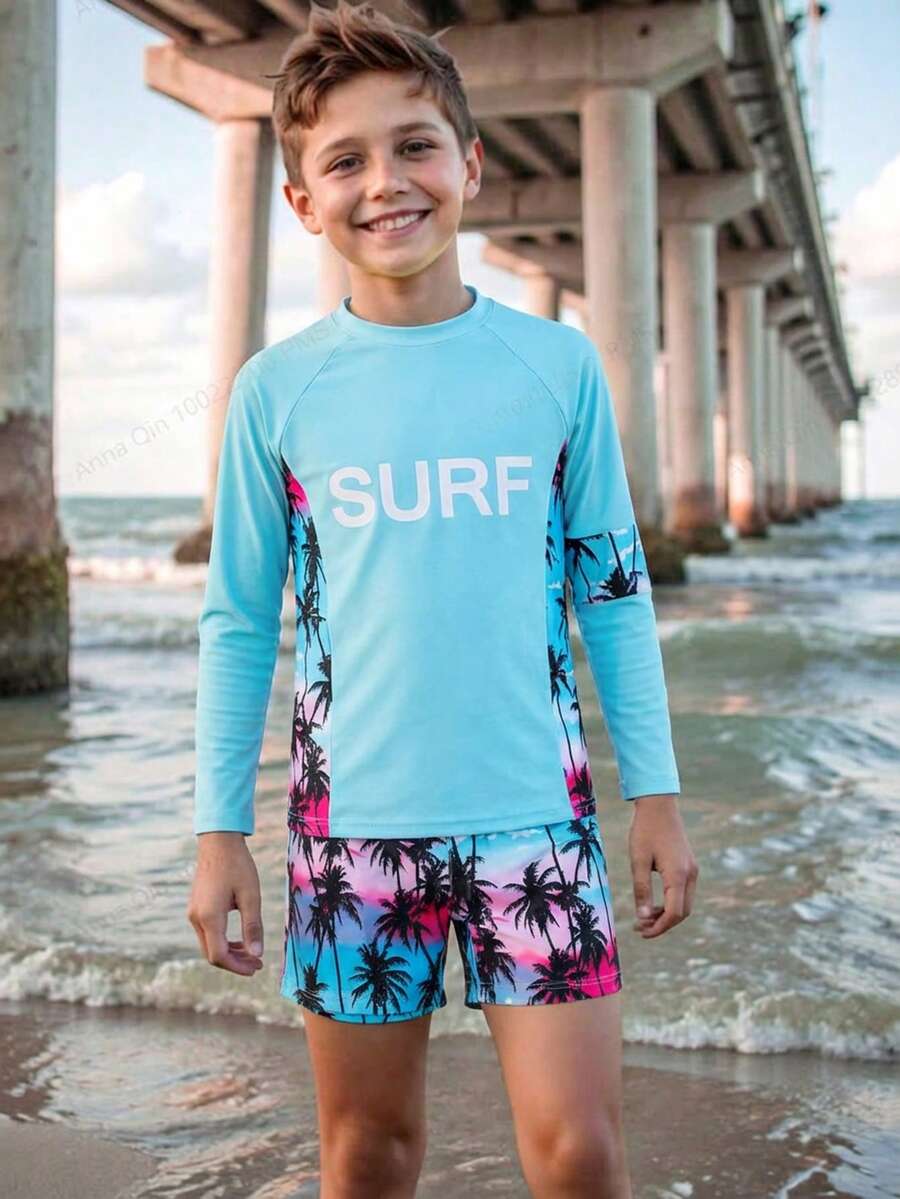 SHEIN Tween Boys Swimwear, Green Coconut Tree Print Casual Sporty Swimsuit, Suitable For Vacation And Summer