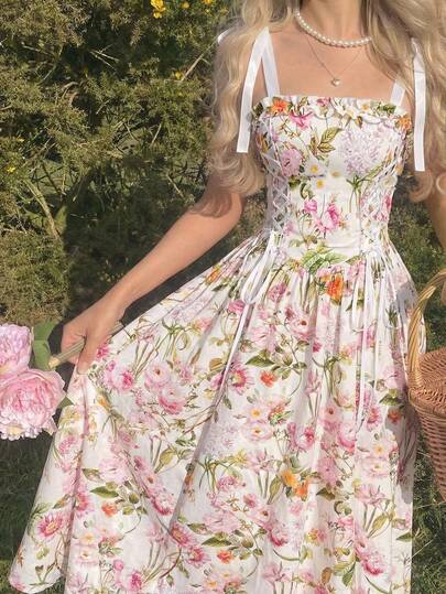 SHEIN Đầm midi dáng suông thanh lịch kiểu vintage thắt nơ cổ điển dành cho bé gái tuổi teen mùa xuân/hè, thích hợp cho cuối tuần, đi chơi, dạ hội tốt nghiệp, tiệc ngoài trời, mùa cưới, tiệc sinh nhật.
