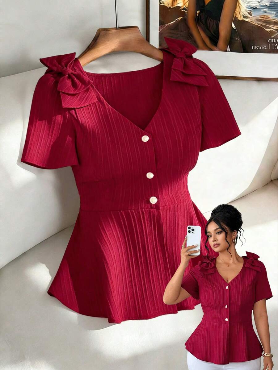 Elenzga Plus Size Women's New V-Neck Bow Design Button Front Solid Color Woven Fabric Elegant Refined Young Versatile Fitted Short Sleeve Blouse - Burgundy - View 1