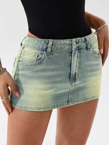 SHEIN PETITE 女式口袋设计修身休闲牛仔迷你裙 - 藍色 - 查看 7