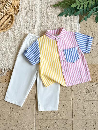 SHEIN Vintaside Kids Bộ 2 món áo polo kẻ sọc dễ thương cho bé trai, gồm áo polo và quần kẻ sọc cạp chun, thích hợp cho tiệc sinh nhật, tiệc tối, biểu diễn, đám cưới, tiệc mừng em bé chào đời.