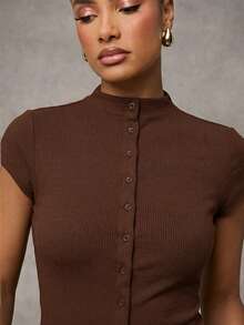 SHEIN BAE Women's Chic Coffee Brown Mock Neck Top,Capped Sleeve Single-Breasted Casual Summer Jersey Shirt,Everyday Fleece Sweater Button Up Winter Clothes - Coffee Brown - View 6