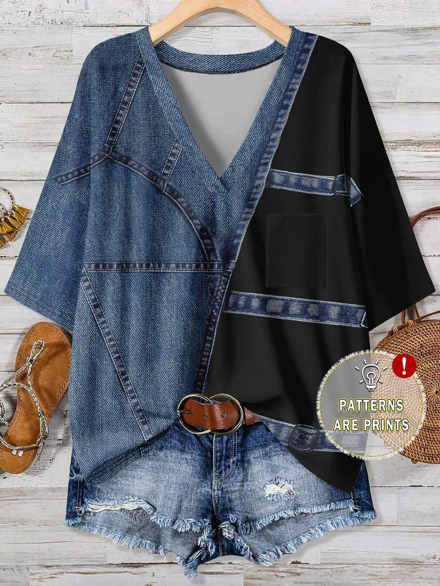 EMERY ROSE Plus Size Women Casual Minimalist Denim Effect Print T-Shirt, Suitable For Summer - Multicolor - View 1