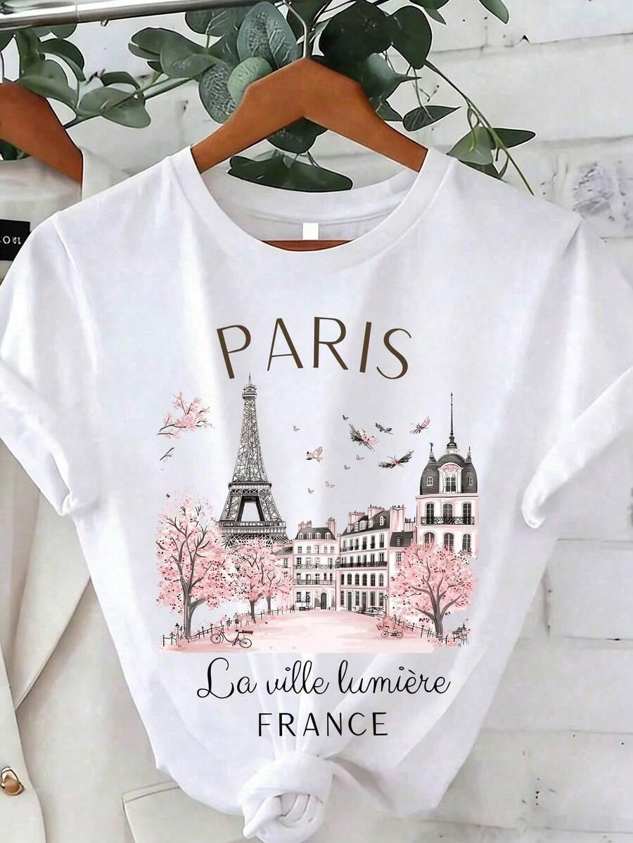 EMERY ROSE T-shirt décontracté à manches courtes pour femmes avec imprimé Paris, hauts graphiques pour femmes pour l'été et le printemps - Blanc - Voir 1