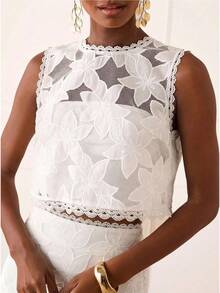 Lilora 女士优雅刺绣圆领露脐背心 - 白色 - 查看 5