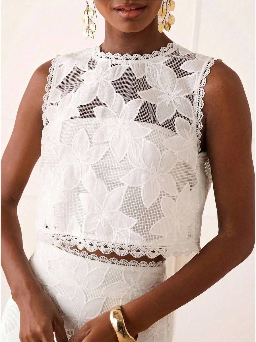 Lilora 女士优雅刺绣圆领露脐背心