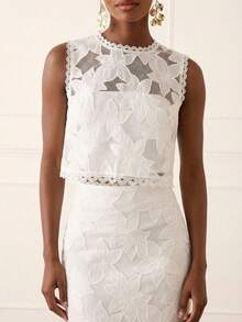 Lilora 女士优雅刺绣圆领露脐背心 - 白色 - 查看 8