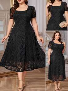 SHEIN Clasi Plus Size Elegant Lace Waist Puff Sleeve Dress, Summer - Black - View 11