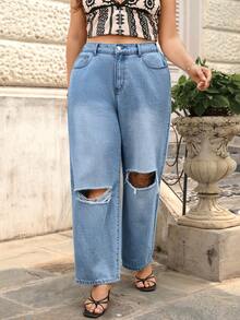 SHEIN LUNE Quần jeans ống rộng rách dáng casual dành cho nữ cỡ lớn - Rửa nhẹ - Xem 1