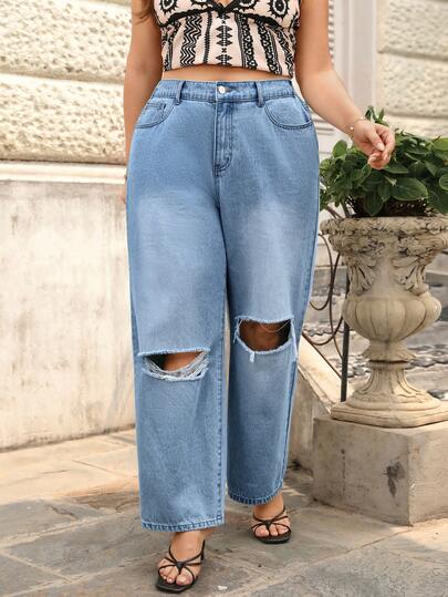 SHEIN Holidaya プラスサイズ レディース ゆったりワイドレッグ カジュアルジーンズ