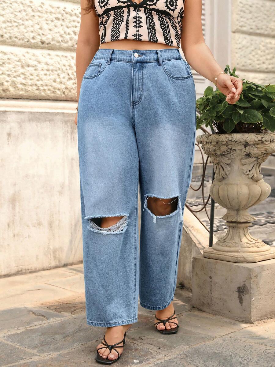 SHEIN LUNE Quần jeans ống rộng rách dáng casual dành cho nữ cỡ lớn - Rửa nhẹ - Xem 1