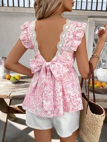SHEIN Clasi Women's White And Pink Boho Floral Print Backless Blouse, Summer Holiday Picnic Vacation Tie-Front Bow Fitted Waist Lace Patchwork Baby Doll Top - Baby Pink - View 3