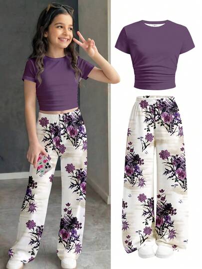 Bộ đồ 2 mảnh cho bé gái tuổi teen: Áo thun cổ tròn tay ngắn màu trơn và quần dài in hoa, kiểu dáng thường ngày, đa năng.