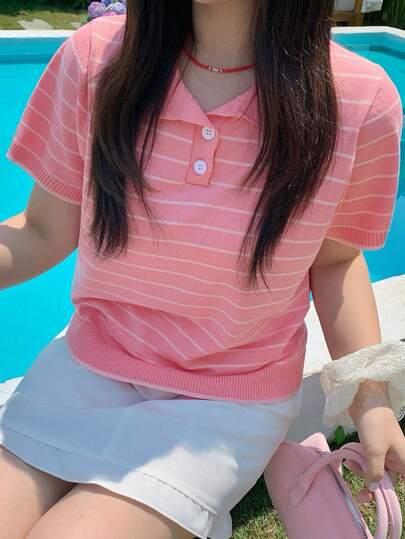 Dazy Plus Solid Color Polo Collar Fitted Short Sleeve Knit Top, Spring/Summer/Autumn