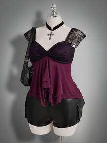 SHEIN ICON 女款大尺碼黑色夏季正式哥德風晚宴夜店 Y2K 心形領荷葉袖不對稱下擺蕾絲拼接網紗上衣 - 紅色 - 查看 6