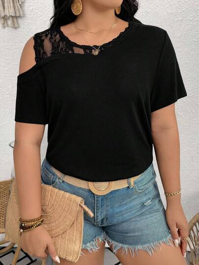 EMERY ROSE 大码女式纯色撞色蕾丝露肩短袖时尚T恤