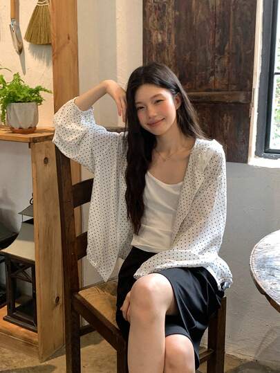 DAZY Áo khoác dài tay mỏng nhẹ phối ren chấm bi tương phản màu sắc dành cho nữ
