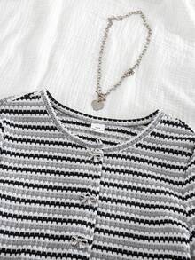 Summer Tween Girl Striped Bow Decor Button Round Neck Short Sleeve T-Shirt And Casual Pants Set Summer Outfits - Grey - View 6