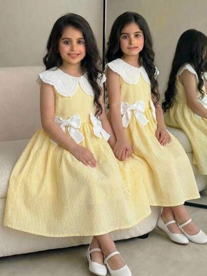 Vestido casual y lindo para niña con cuello Peter Pan, adornos de encaje bordado y lazo, cintura ceñida, sin mangas, color amarillo limón, para verano