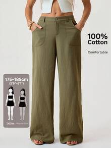 SHEIN Tall 100% 水洗纯棉低腰直筒裤 - 軍綠色 - 查看 8