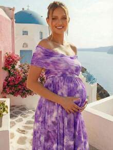 Loomaby Maternity All-Over Print Ruched Off Shoulder Short Sleeve Dress - Purple - View 12