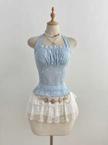 Elamini Summer Cute Sweet Sheer Textured Tie-Neck Ruffle Hem Camisole - Blue - View 3